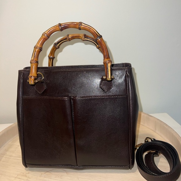 1990s Vintage GUCCI Mini LeatherBamboo Two-Way CrossbodyHandbag Chocolate